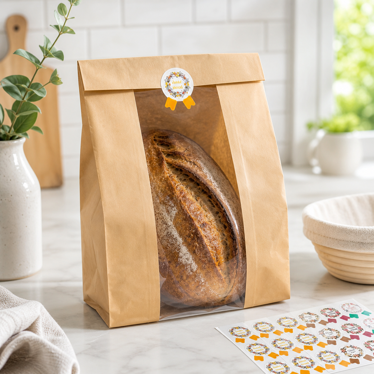 Enenes Paper Bread Bags 50 PCS Kraft Paper Bread Bags Paper Bakery Bag for Homemade Bread Cookie Bags with Window and Label Seal Stickers