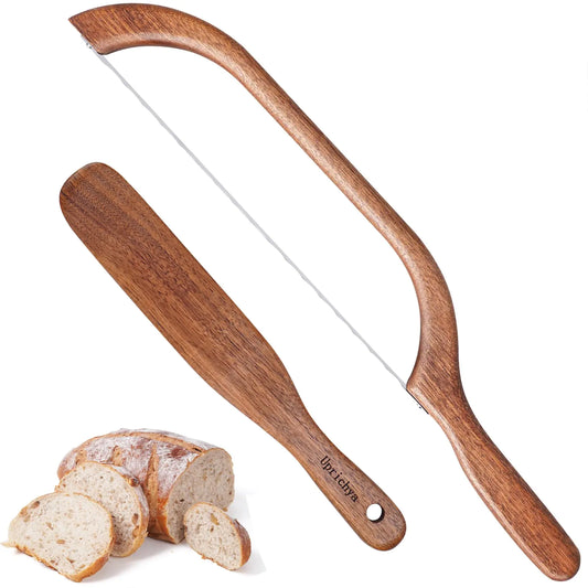 Uprichya Wooden Bread Bow Knife and Skinny Spurtle for Sourdough Starter Bagel Sourdough Bread knife Cutter for Homemade Bread Kitchen Gift Sharp Bread Knife and Mixing Cooking Spurtle