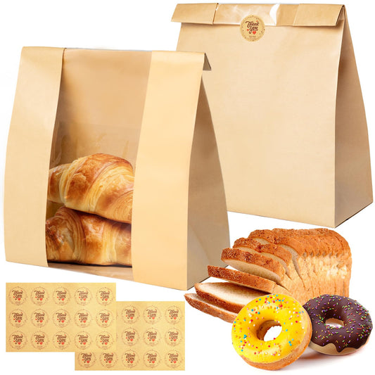30-Pack Thick Kraft Bread Bags with Window and Seals